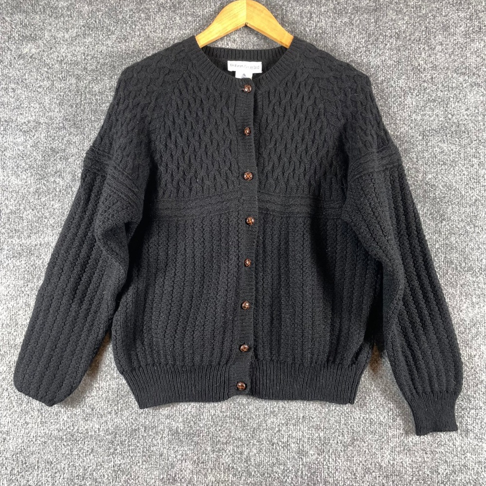 Vintage Robert Scott Ltd Cardigan Womens Small Black Wool Cable Knit Sweater